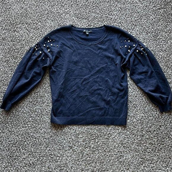 INC International Blouse Womens XL Navy Blue Pearl Embellished Long Sleeve Shirt - Picture 2 of 7